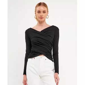 NWOT Black Endless Rose long sleeve crossover top w/ruched waist, size s,